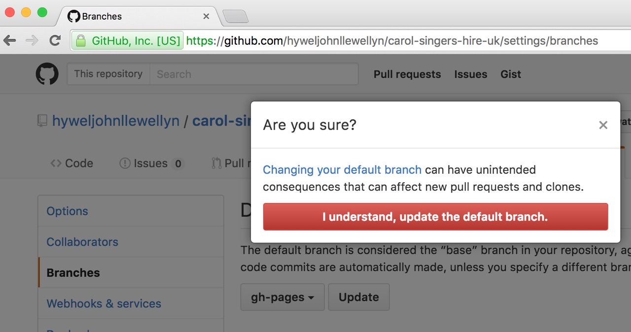 GitHub confirm default repository